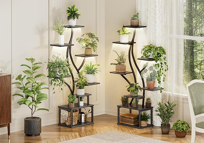 PRAISUN 51.3 Inch Plant Stand with Grow Light, 6 Tiered Indoor Plant Shelf with Larger Flower Holder, Pine-Shaped Stand, 3 Light Modes, Open Base, Corner Plant Rack for Living Room, Black
