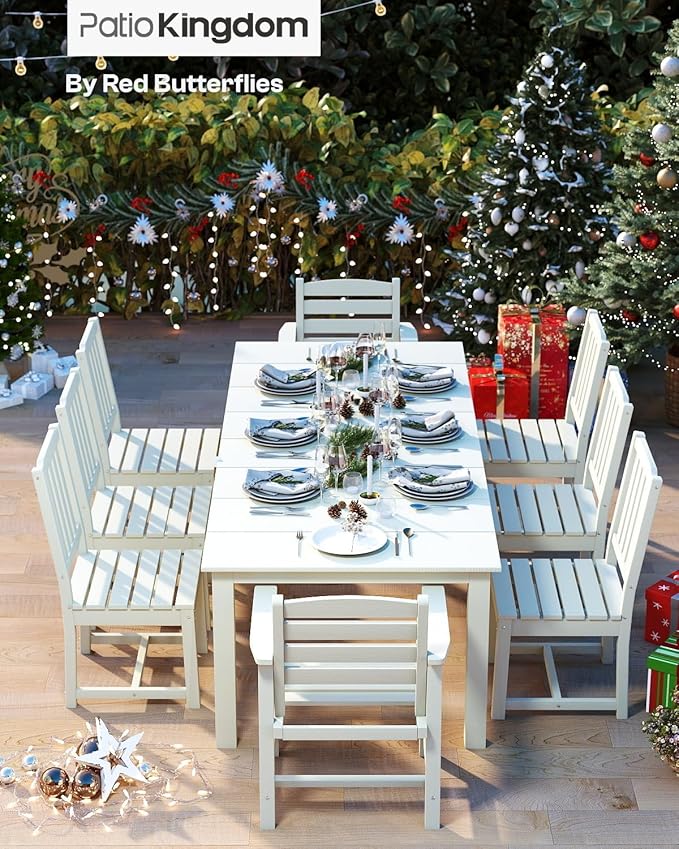 White 9-Piece Outdoor Dining Set with Beige 11FT Cantilever Umbrella, 75.2'' HDPE Table & Chairs for 8, Weather-Resistant Furniture with Umbrella Hole for Patio, Lawn, Poolside