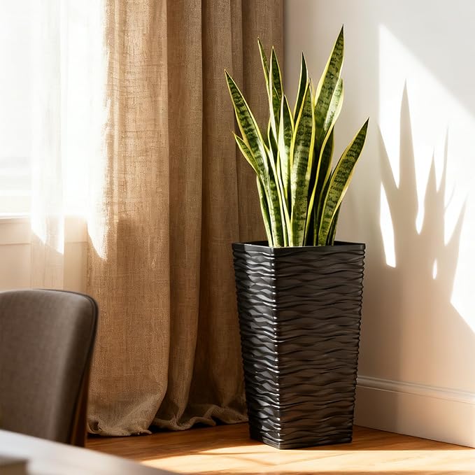 Worth Garden 2-Pack Black Tall Planter - Plastic Square Tapered Tree Plant Pots with Drainage Hole for Indoor Outdoor - 22" H Modern Wavy Finish Decorative Flower Pots for Front Porch Patio Deck