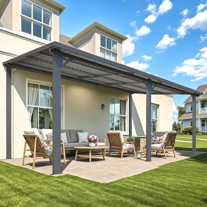 AECOJOY 16' x 10' Outdoor Hardtop Gazebo Pergola for Patio, 10x16 Large Galvanized Steel Heavy Duty Lean to Wall-Mounted Pergolas and Gazebos Clearance, Metal Patio Roof Awnings for Backyard, Decks