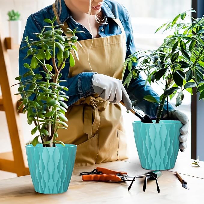 6 Pack 7 Inch Indoor Plant Pots with Drainage Holes, Outdoor Plastic Decorative Flower Pots, Garden Planters with Tray Saucers for Orchids, Violets, Succulents, Herbs, and Other Plants