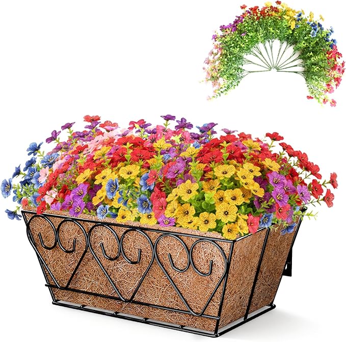 ZeeDix 16 Inch Artificial Flowers Hanging Railing Window Planter Box, 12 Pcs UV Resistant Fake Look Real Flowers with Heart-Shaped Deck Railing Planter Boxes for Porch Patio Balcony Garden Home Decor