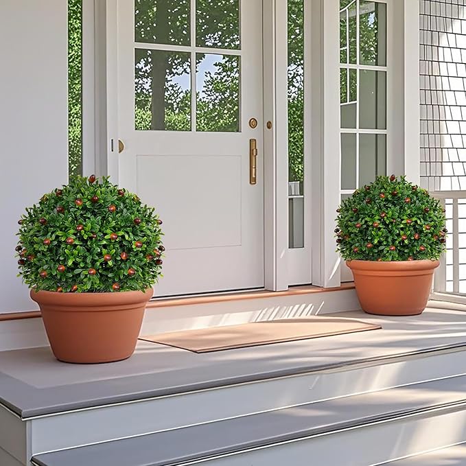 2 Pack Artificial Olive Topiary Tree, Artificial Shrub Bushes with Ground Spike, Fake Evergreen Tree for Porch, Artificial Plants for Outdoor Planters Indoor UV Resistant
