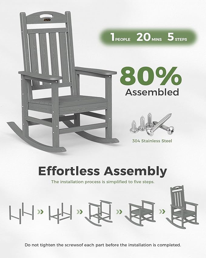 Oversized Outdoor Rocking Chairs Set of 2, High Back Porch Rocker Chair, HDPE Rocking Chairs for Patio, Living Room, Light Grey