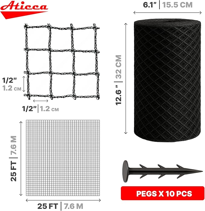 Heavy Duty Bird Netting for Garden Protection & Fruit Trees, 25x25 Ft with 10 Stakes – Black Anti-Bird Net for Poultry, Deer, & Squirrel Protection, Durable Nylon Mesh for Garden and Yard Use