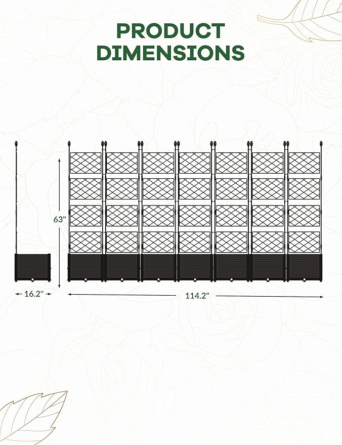 7 PCS Raised Garden Bed with Trellis, 114" LX16 WX63 H Plastic Planter Box for Climbing Plants, Outdoor Vertical Garden with Privacy Screen for Patio, Balcony, Backyard – Sturdy & Lightweight