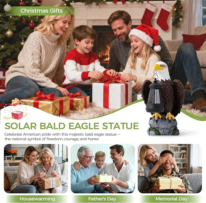 American Bald Eagle Garden Statue with Solar Light,Outdoor Decor Sculpture,Perfect for Patio,Yard,Porch,Balcony,Distinctive Bald Eagle Home Decor,250 Anniversary USA Gift for Men Father
