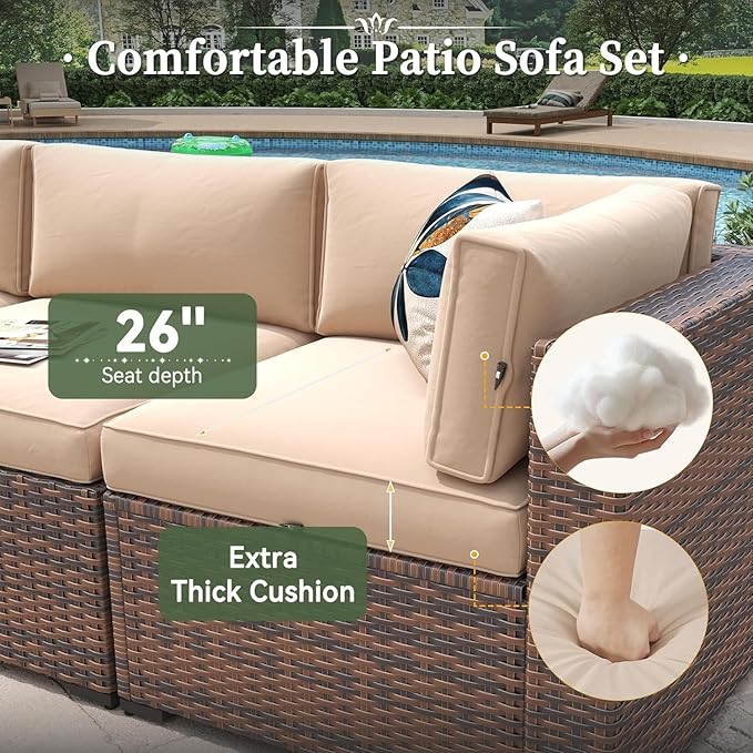 Aoxun 8 Piece Patio Furniture Set with 44” Fire Pit Table Wicker Rattan Outdoor Sectional Sofa Set with Coffee Table and Thickened Cushions & Hose, Khaki (Waterproof Cover Included)