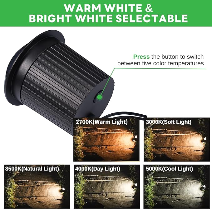 Low Voltage LED Well Landscape Lights - 12V Outdoor IP67 Ground Light, 5 Color Temperature Selectable In-Ground Light, ORB Aluminum for Path Backyard House 3W 170LM 8 Pack