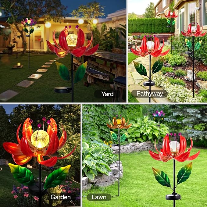 Solar Lights Outdoor Wind Spinners, Metal Lotus Flower Garden Decor with Waterproof LED Crackle Glass Globe for Patio Lawn Yard Outdoor Decor