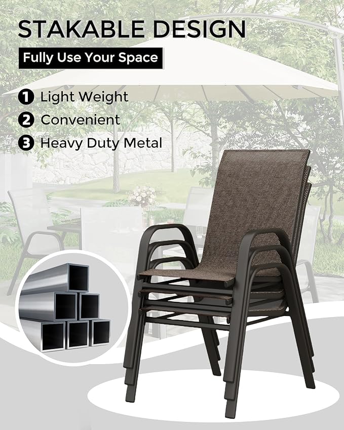 Outdoor Stackable Dining Chairs Set of 4, High-Back Patio Stacking Chairs, Patio Chairs with Textilene Farbic & Metal Frame for Lawn Backyard Deck Garden,Brown