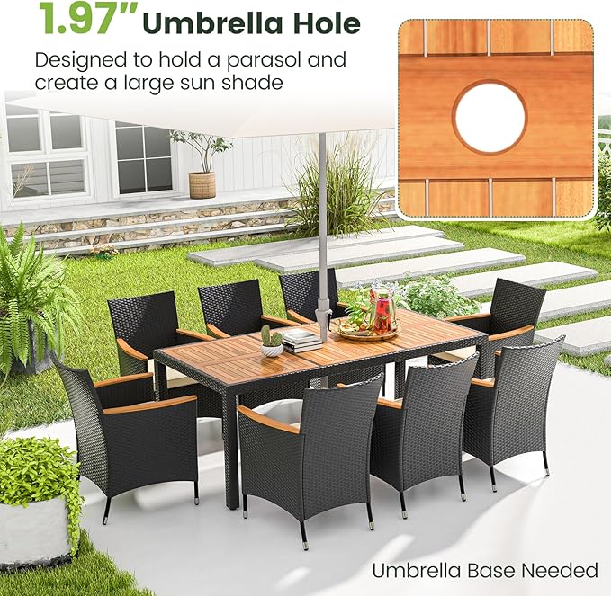Tangkula 9 Pieces Rattan Outdoor Dining Set for 8, Outdoor Acacia Wood Table Set with 8 Cushioned Wicker Chairs, Umbrella Hole, Patio Dining Furniture Set for Deck Pool Backyard