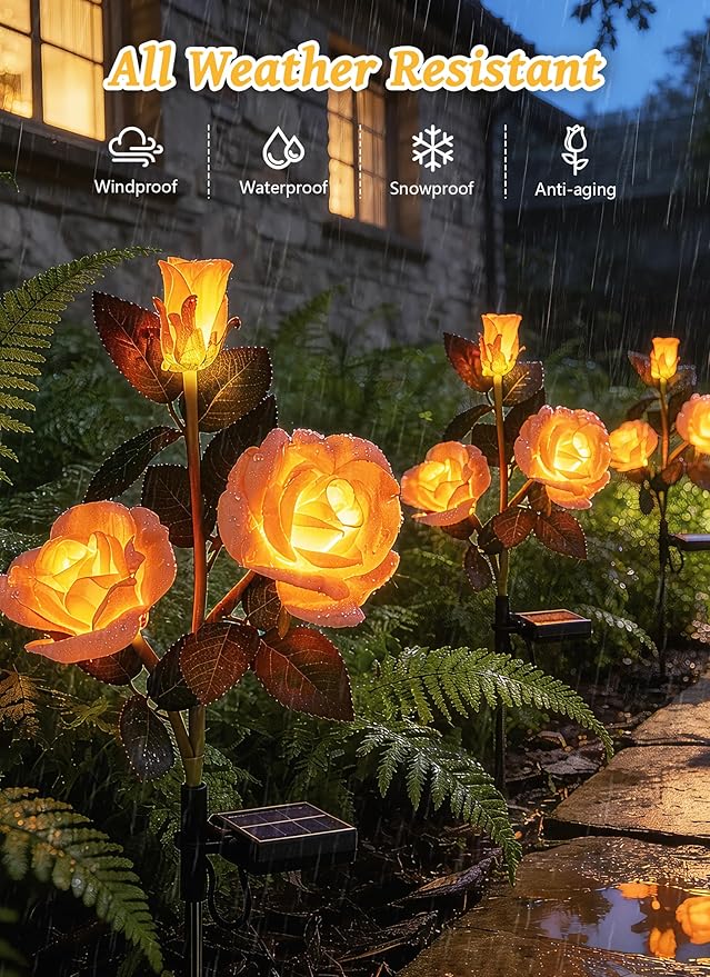 Brightown Outdoor Solar Flower Lights, 4 Pack Solar Garden Light with Larger & More Realistic Champagne Rose, Bigger Solar Panel, Waterproof Solar Lights Outdoor for Yard Garden Lawn Pathway Decor