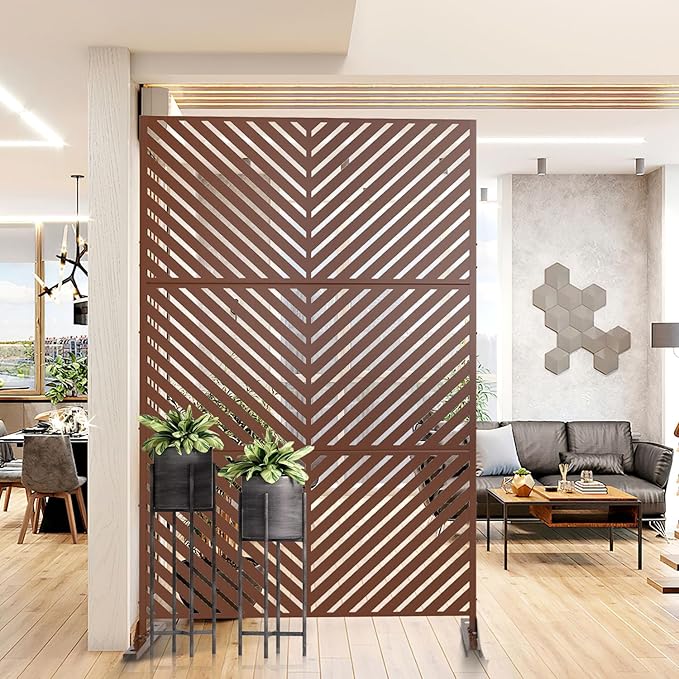 Casaphoria Metal Privacy Screen Outdoor, 72" H x 47" W Freestanding Decorative Privacy Screen for Patio Deck Balcony Garden with Stable Base, Brown-Parallel