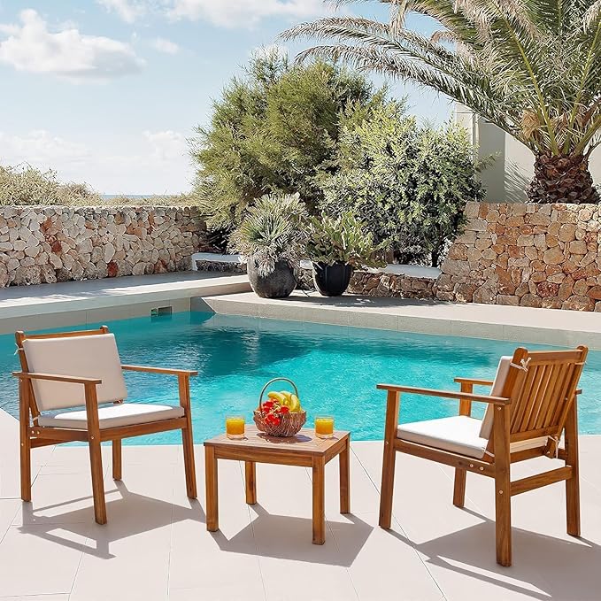 Devoko Patio Set 3 Piece Acacia Wood Outdoor Furniture Conversation Seat with Table & Cushions Porch Chairs for Balcony, Deck, Backyard