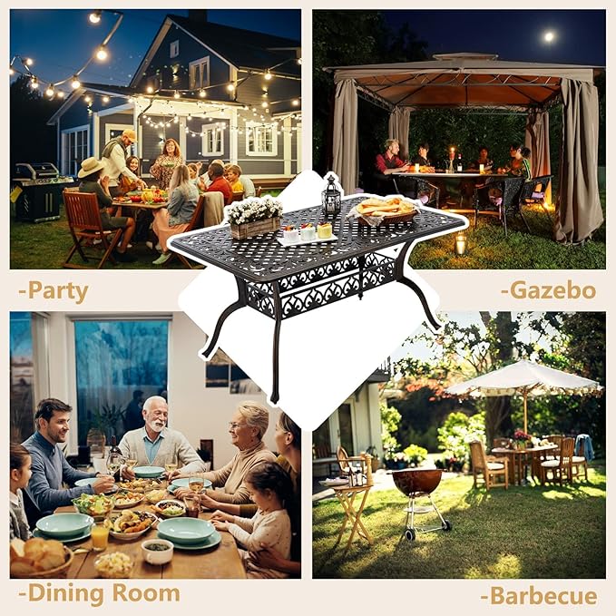 Outdoor Patio Dining Table - All-Weather Cast Aluminum 60" x 28.5“ Patio Rectangular Table with 2" Umbrella Hole for Balcony Lawn Garden Backyard