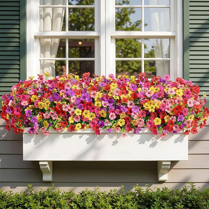 Alupssuc 24 Bundles Artificial Flowers for Outdoors Decoration, UV Resistant Silk Faux Daisy Flora Spring Fake Plastic Plants Greenery for Outside Indoor Yard Home Porch Window Box Decor, Mix 5 Colors