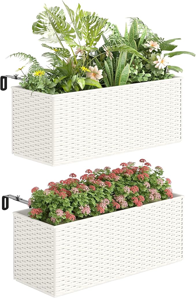 Outsunny Railing Planter Box (2 Pack, 20 Inch), Hanging Flower Pots with Hooks, Drainage Holes for Fence, Balcony, Garden, Patio, Rattan Look, White