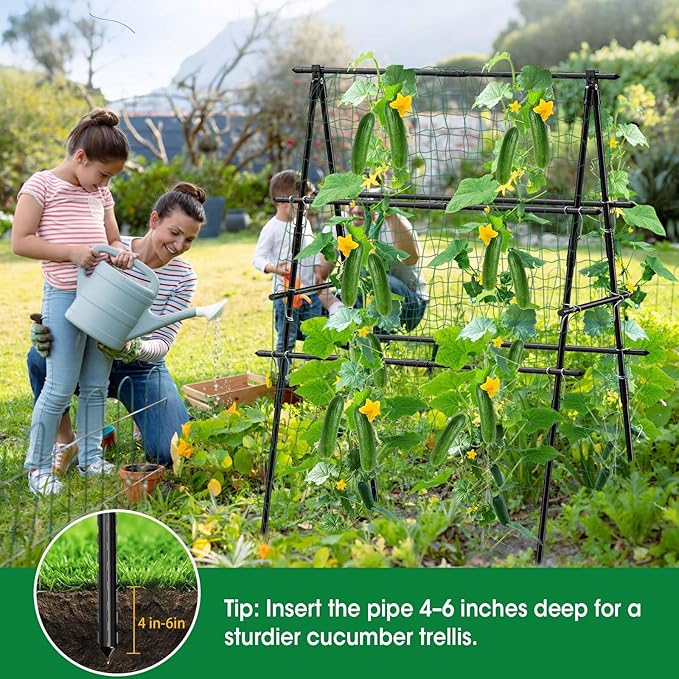 Cucumber Trellis, 31''X47'' A-Frame Cucumber Trellis for Raised Bed with Climbing Net, Metal Garden Trellis for Climbing Plants for Cucumber,Tomato, Grapes and Flowers
