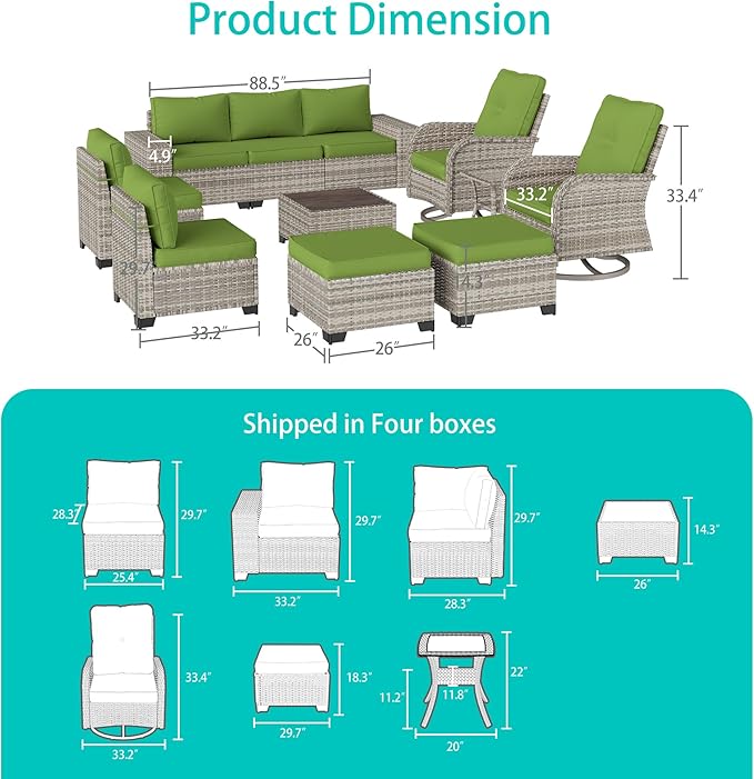 11-Piece Outdoor Patio Furniture Set with Rocking Swivel Chair Wicker Sectional Sofa Set, Patio Conversation Set with Ottomans & Coffee Table for Garden, Backyard, Avocado Green