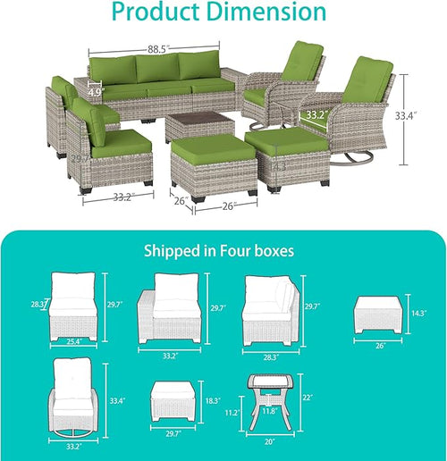 11-Piece Outdoor Patio Furniture Set with Rocking Swivel Chair Wicker Sectional Sofa Set, Patio Conversation Set with Ottomans & Coffee Table for Garden, Backyard, Avocado Green