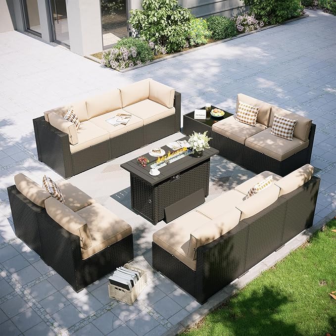 Aoxun Patio Furniture Set with Fire Pit Table, 12 Piece Outdoor Sectional Sofas, 10 Seats Wicker Rattan Outdoor Furniture with Thickened Cushion for Backyard, Garden Begin