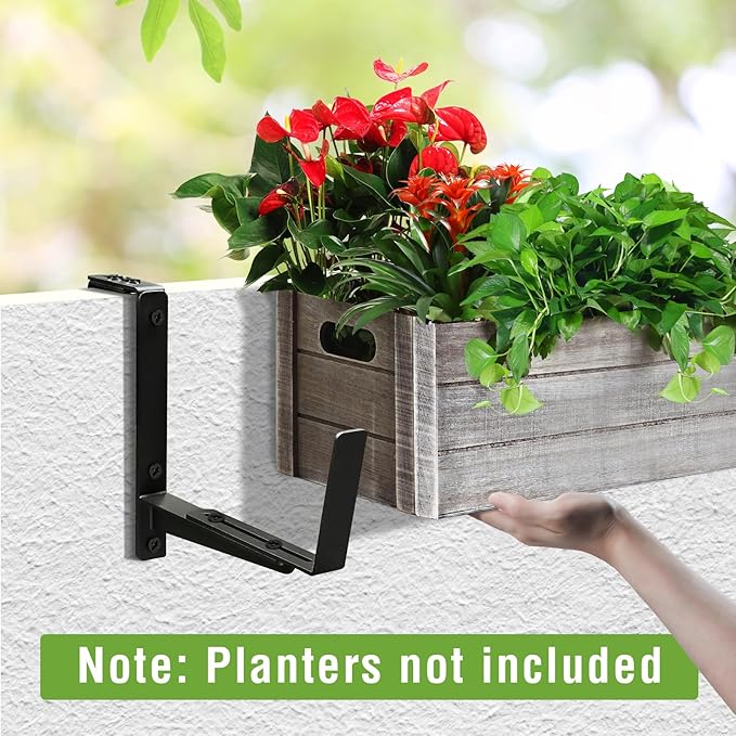 Window Box Brackets, Adjustable Hanging Railing Planter Box Brackets, Heavy Duty Wall Mount Iron Flower Box Holder for Outdoor Windowsill, Balcony, Garden, and Fence (2 Pack)