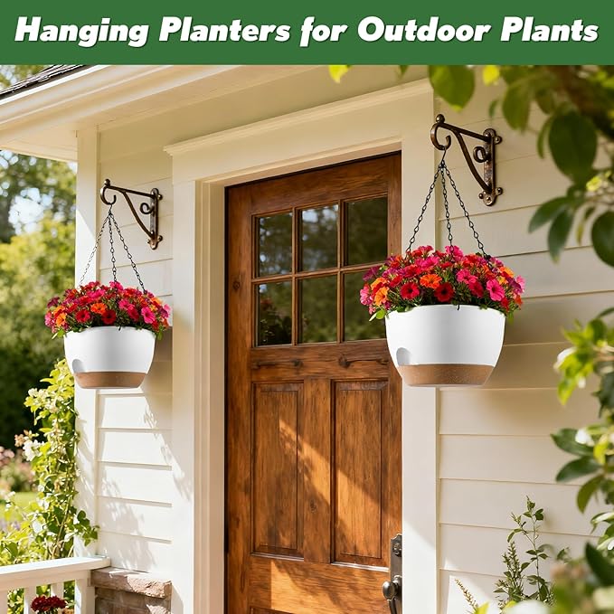 4-Piece Set of 8-Inch Hanging Planters with Automatic Watering System and Drip Tray, Includes Metal Chain, Suitable for Various Indoor and Outdoor Plants and Flowers, White Brown
