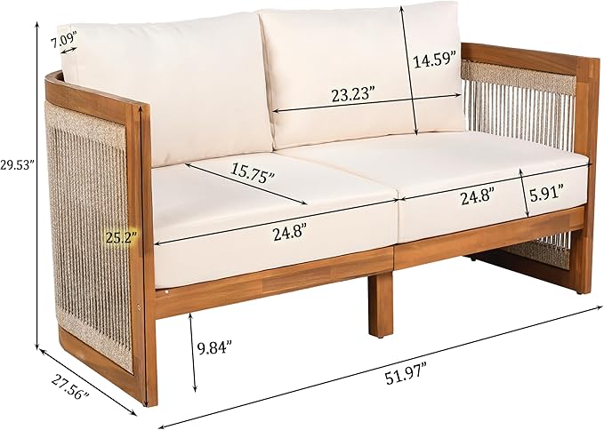 Merax 4-Piece Patio Premium Acacia Wood Outdoor Furniture Set,All Weather Curved Tub Design with Woven Rope Accents Loveseat Chairs and Table for Backyard, Balcony and Deck,Teak+ Beige