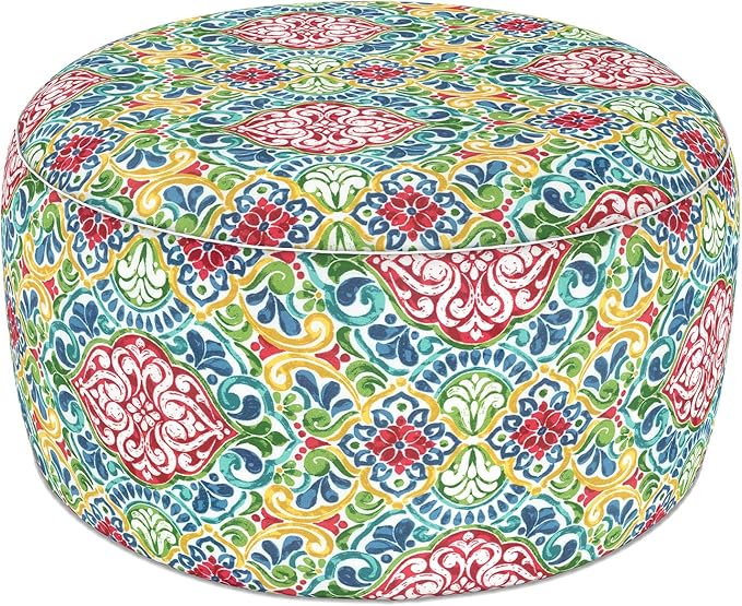LVTXIII Indoor/Outdoor Extra Large Inflatable Ottoman Pouf D31 x H14 Inch, Round Footstool with Handle, Weather-Resistant Portable Furniture for Patio, Camping, Beach, Damask Red
