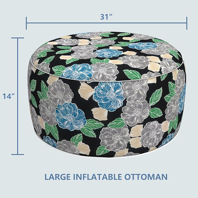 LVTXIII Outdoor Inflatable Ottoman, Fade-Resistant Round Footrest Stool D31”x H14”, Portable Patio Pouf for Garden Camping or Home Use, Peony Garden