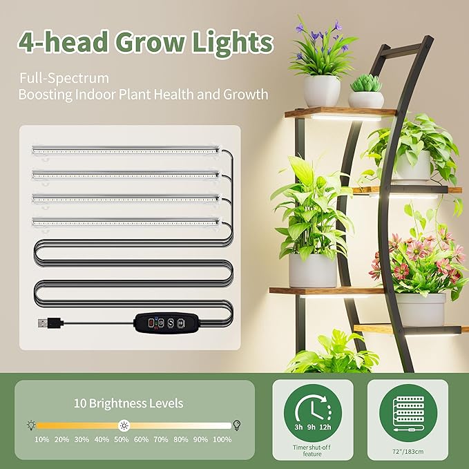 62“ Plant Stand Indoor with Grow Lights - 7 Tiered Tall Metal Plant Shelf - Corner Wooden Plant Stand for Indoor Plants Multiple, Large S-Shape Flower Rack Holder for Living Room, Garden, Patio Decor