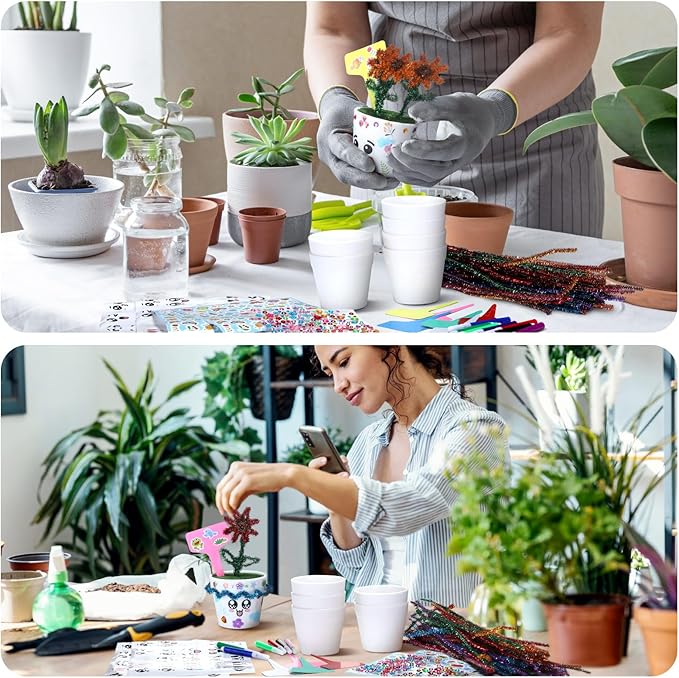 Funnymoom 36 Pcs Garden Plastic Paintable Flower Pot Craft Kit DIY Painting Flower Pots with Watercolor Stickers Pipe Cleaners Growing Kits for Home Spring Summer Mother's Day Fun Activity (Cute)