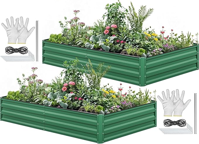 YITAHOME 96x48x12 in 2pcs Galvanized Raised Garden Bed Kit, Large Metal Planter Box with Gloves, Safety Rubber & Support Rod, Outdoor Flower Bed for Plants Vegetables, Green