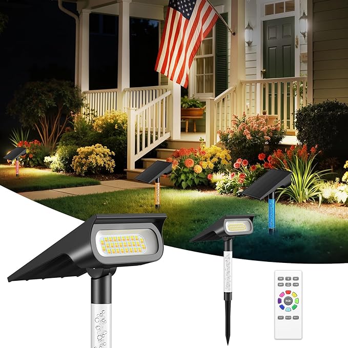intelamp Solar Spot Light Outdoor Waterproof, 4000mAh RGB + 3 Color LED Landscape Flood Lighting Spotlights for Camping Garden Yard Tree Flag Wall Patio Halloween Christmas Decor with Remote