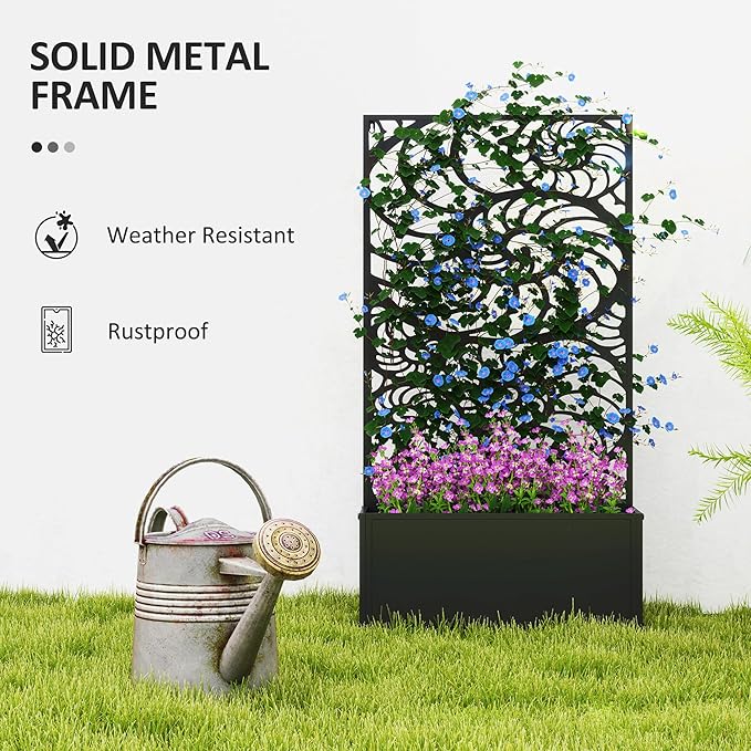 Outsunny Metal Raised Garden Bed with Trellis for Climbing Plants, Freestanding or Wall Mounted Flower Bed with Privacy Panel, Snail Cut-Outs Outdoor Planter Box for Garden, Patio, Balcony