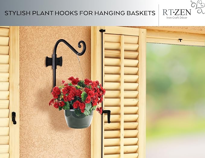 RTZEN Plant Hangers Indoor or Outdoor - Wrought Iron Metal Hanger Indoor Hook - Heavy Duty Wall Bracket Hooks for Hanging Plants Baskets Lanterns Wind Chimes - 2 Pack (Black Axe-Shape Hooks)