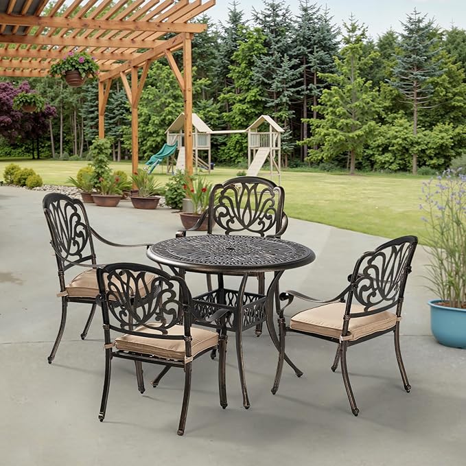 VINGLI 5-Piece Outdoor Patio Dining Set, Cast Aluminum All-Weather Outdoor Table and Chairs w/Cushion, Outdoor Furniture Set w/Umbrella Hole for Backyard Deck Poolside (Round, Elizabeth Back)