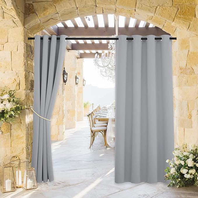 RYB HOME Outdoor Curtains for Patio Waterproof Block Sunlight Thermal Insulated Privacy Assured Thick Outside Curtains for Pergola, Cabana, Gazebo, W52 x L72, Light Grey, 1 Panel