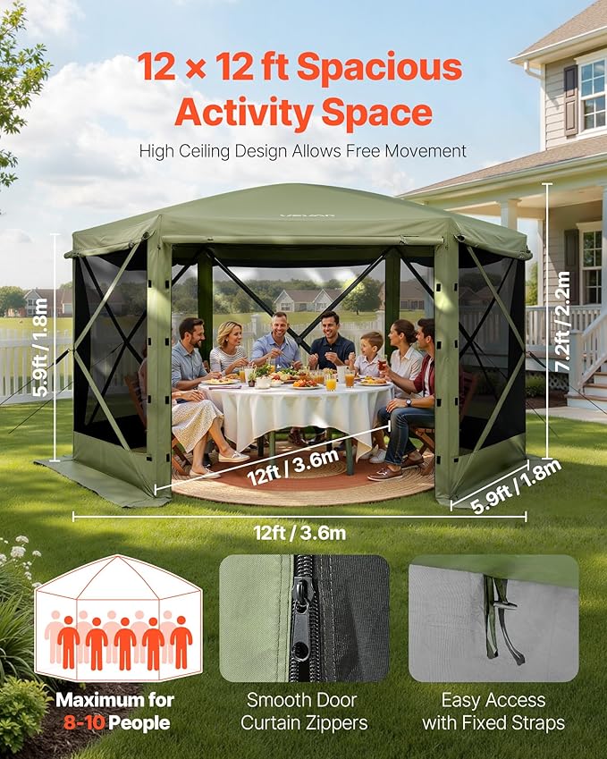 VEVOR Pop up Gazebo Screen Tent, 12 x 12 ft Large 6-Sided Camping Canopy Tent with Removable Top & Carry Bag, Quick-Set & Bite-Proof, Screen House Sun Shelter for 8-10 Persons Backyard Patio, Green