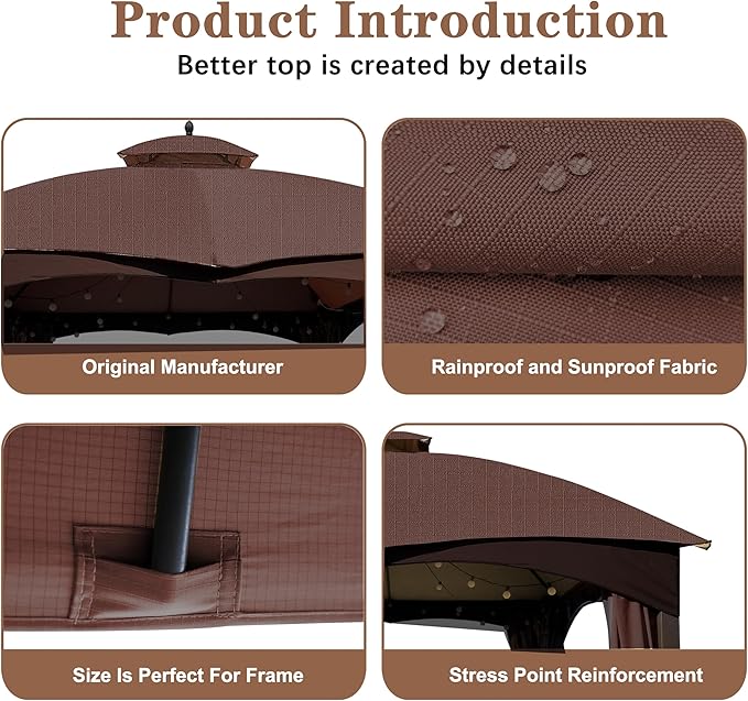 SCOCANOPY Brown Ripstop Replacement Top for Lowe's Allen Roth 10X12 Gazebo Model #GF-12S004B-1/ GF-12S004BTO