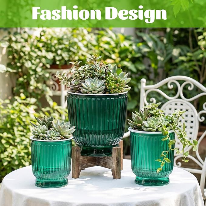 Set of 6 Self Watering Plant Pot 3 Sizes Plastic Double Layer Self Watering Flower Pot with Multi Mesh Drainage Holes Wicking Reservoir for Indoor Outdoor Garden Plants(Green)