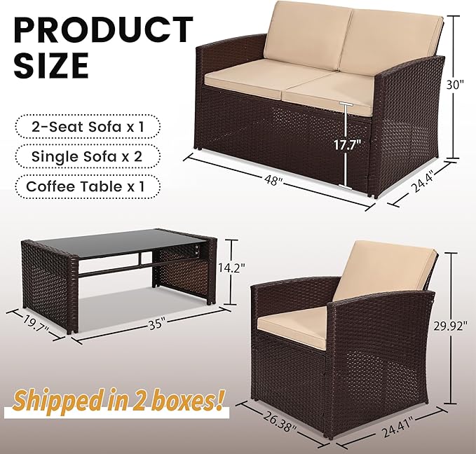 4-Piece Patio Furniture Set, Wicker Outdoor Rattan Sectional Sofa with Cushions and Glass Table, All-Weather Outdoor Conversation Set, Ideal for Garden, Porch, Backyard, Beige