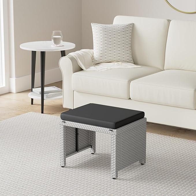 Best Choice Products Set of 2 Wicker Ottomans, Multipurpose Outdoor Furniture for Patio, Backyard, Additional Seating, Footrest, Side Table w/Removable Cushions, Steel Frame - Gray/Black