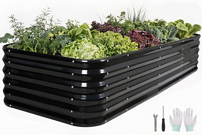 5 in 1Galvanized Raised Garden Bed - 8x3x1.4ft Modular Garden Planter Bed Outdoor | Steel Raised Bed Kit with Bracing Rods, Gloves for Gardening Vegetables Fruits and Flowers (Gray)