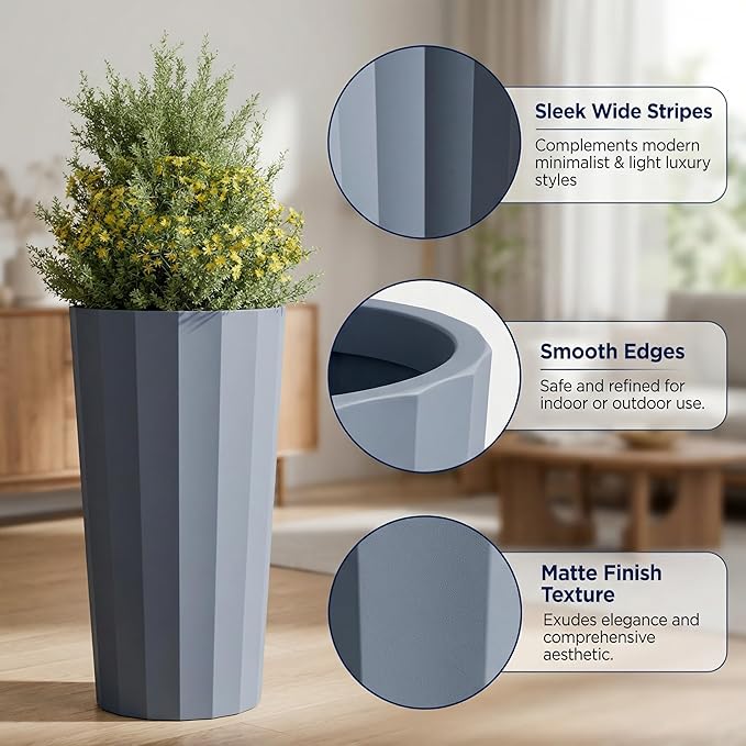 23.6" H Tall Planters for Outdoor Plants, 2 Pack Large Outdoor Planters for Porch Decor with Automatic Drainage Hole, Plastic Stripe Design Flower Pots Fits Indoor Plants Patio Garden, Black