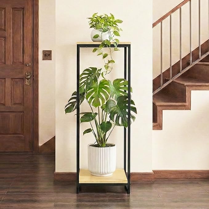 34" Tall Plant Stand Indoor, 2-Tier Modern Plant Shelf, Corner Flower Pot Holder Organizer for Living Room Balcony Patio Garden (Light Oak)