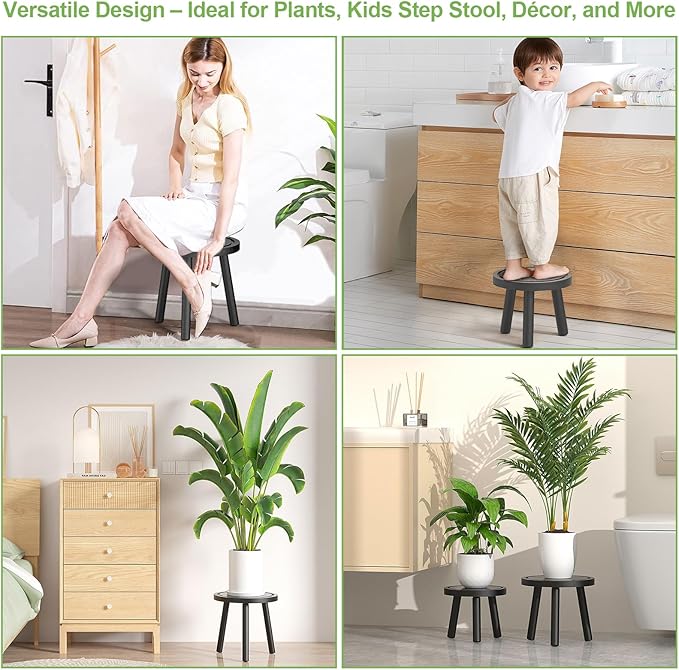 3-Pack Wood Plant Stands Indoor, Single Plant Stand for 6-12 Inch Pots, Mid-Century Modern Plant Stool, Tall Plant Stand for Large Plants for Living Room, Balcony, Office (Black)