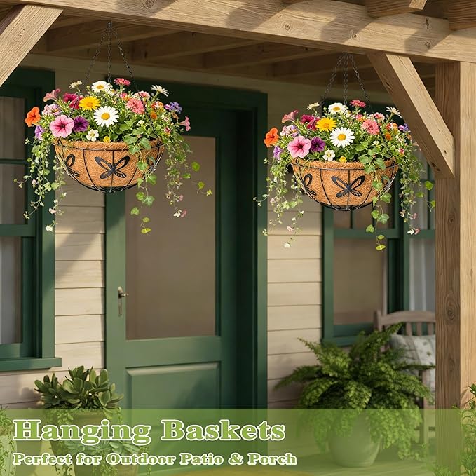 4 Pack 14 Inch Hanging Baskets for Plants Outdoor Metal Hanging Planter Hanging Flower Baskets with Coco Fiber Liners Chain Round Wire Plant Holder Hanging Flower Pots(Butterfly)
