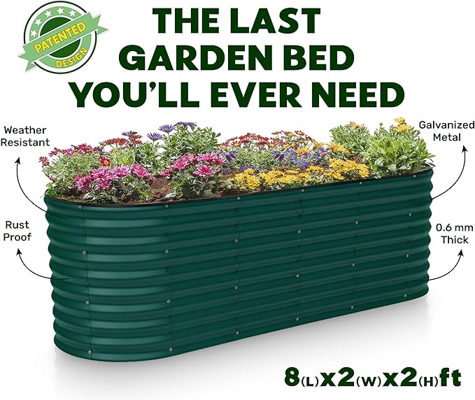 Plant & Plot Galvanized Raised Garden Beds Outdoor // 8×2×2 ft Planter Raised Beds for Gardening, Vegetables, Flowers // Large Metal Garden Box (Dark Green) // Patented Tool-Free Design